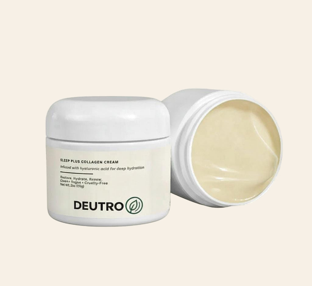 Deutro Replip Plus Collagen Cream jar with open lid on a beige background