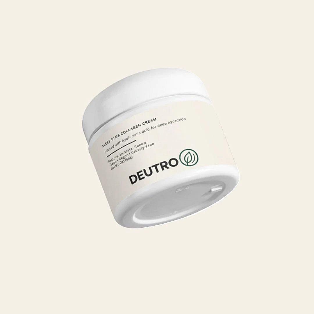 Deutro Meso Plus Collagen Cream jar on a beige background