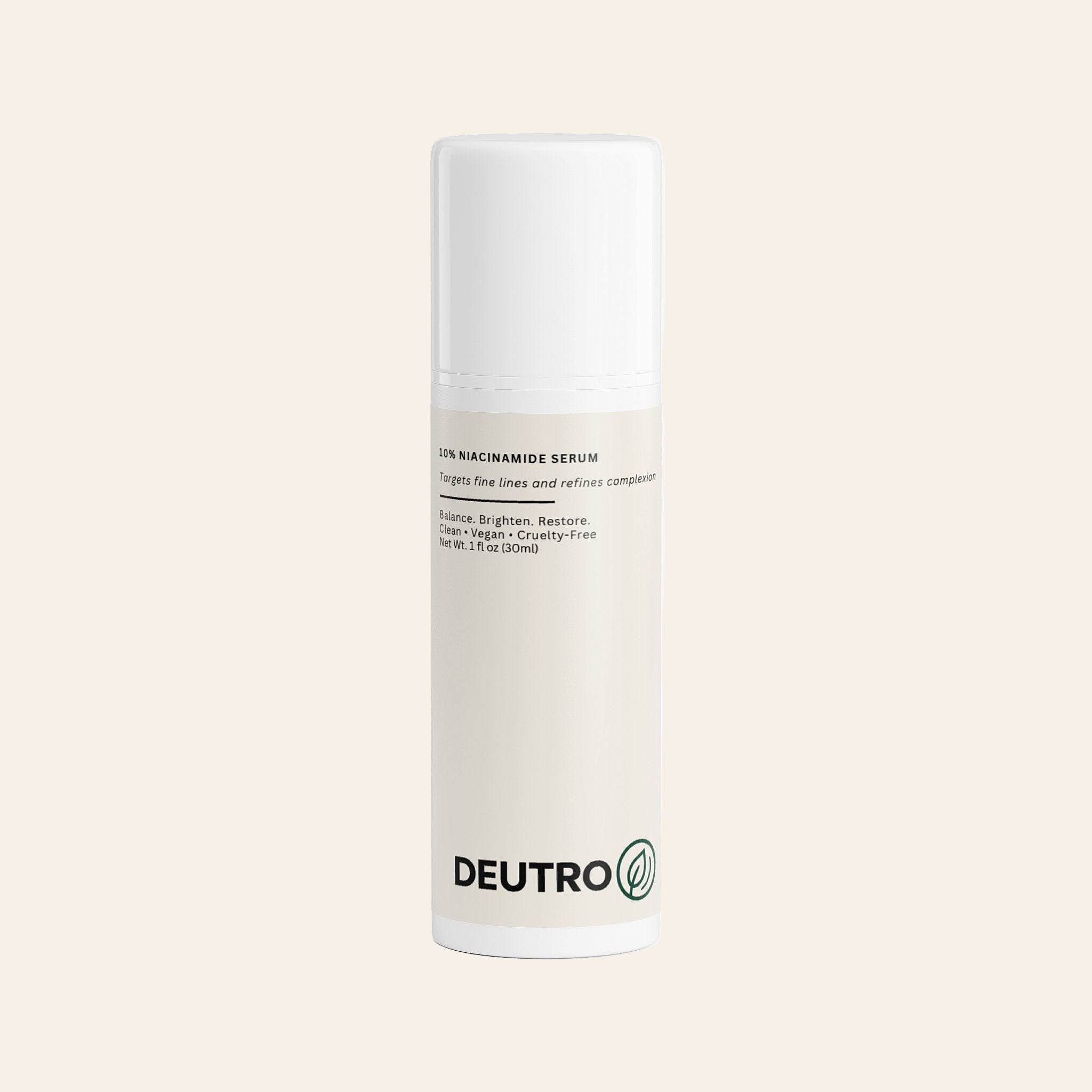 Deutro serum bottle on a beige background