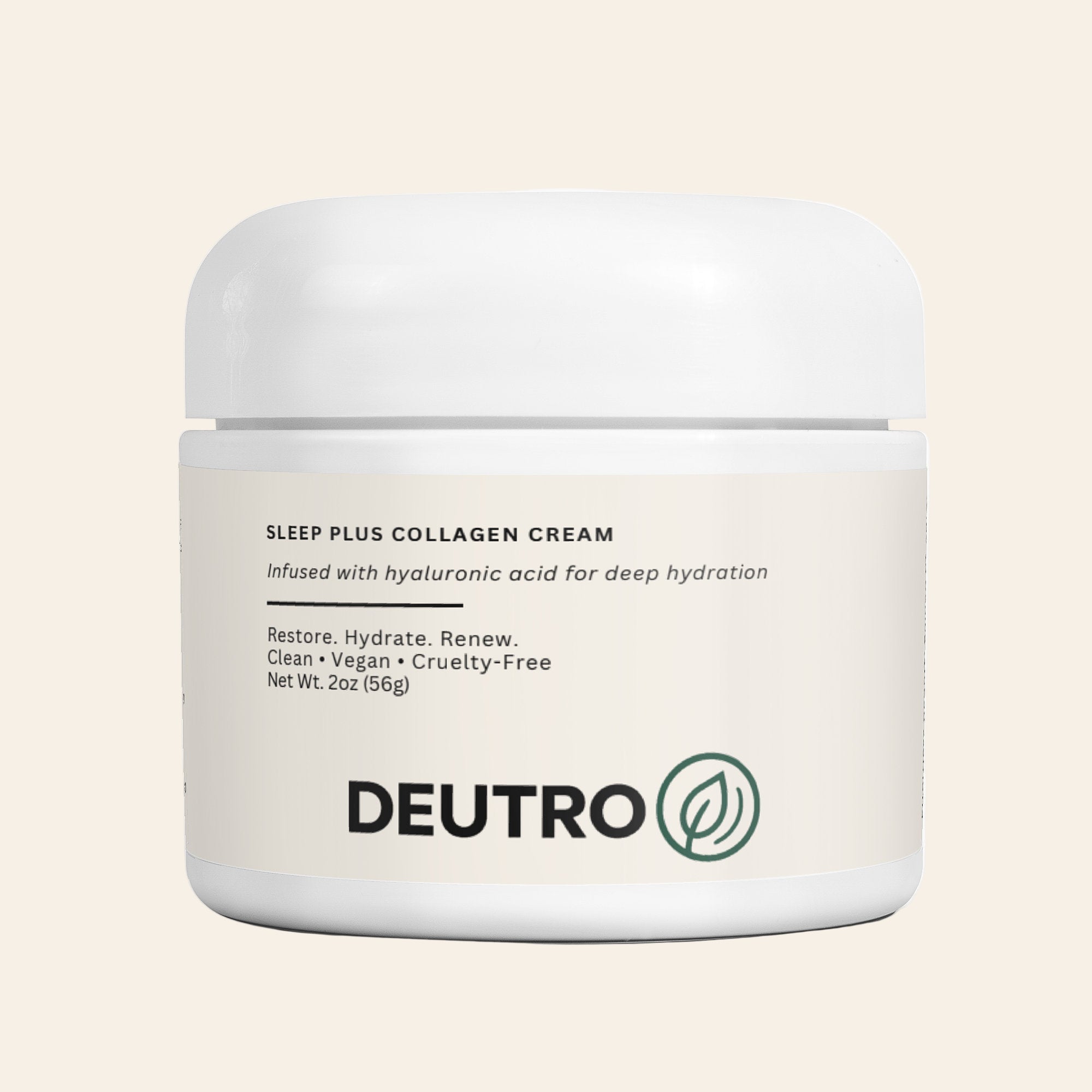 Deutro Sleep Plus Collagen Cream jar on a beige background